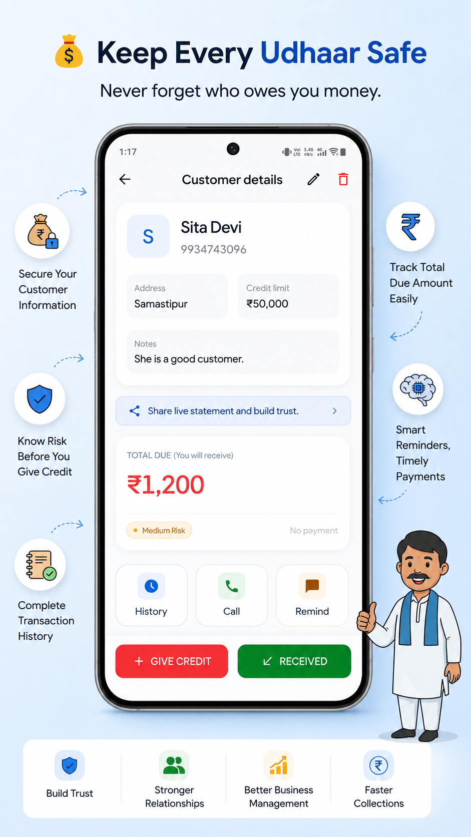 Keep Every Udhaar Safe — Secure customer information, track total due amount, know risk before giving credit