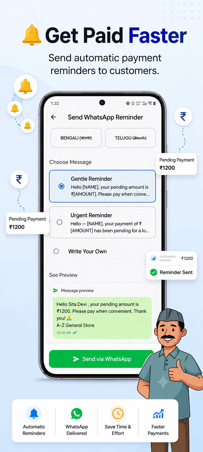 Get Paid Faster with WhatsApp Reminders — Send automatic payment reminders in multiple languages