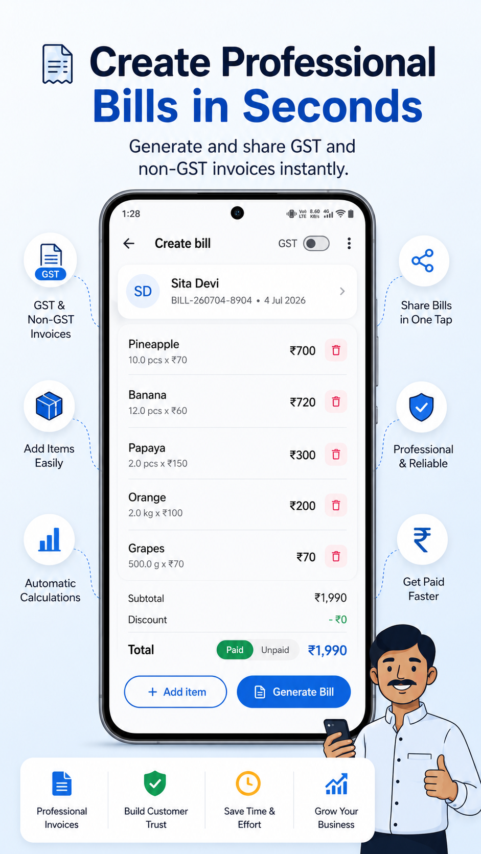 Create Professional Bills in Seconds — Generate GST and non-GST invoices with automatic calculations