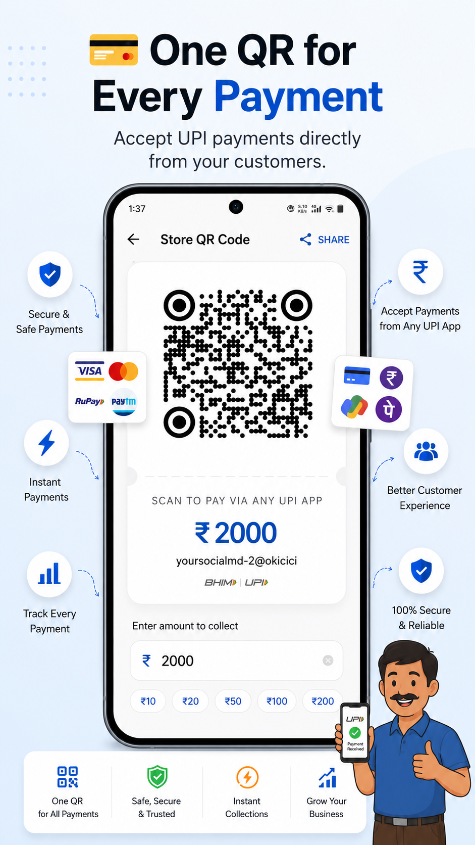 One QR for Every Payment — Accept UPI payments from any app with secure, instant collections